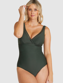 Front view of Baku Rococco E–F One Piece Swimsuit in Olive, featuring ladder lace and structured bust support, available at The Foundation.