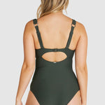 Back view of the Olive Rococco E–F Swimsuit by Baku, showing clip back and adjustable straps, part of The Foundation swimwear range.