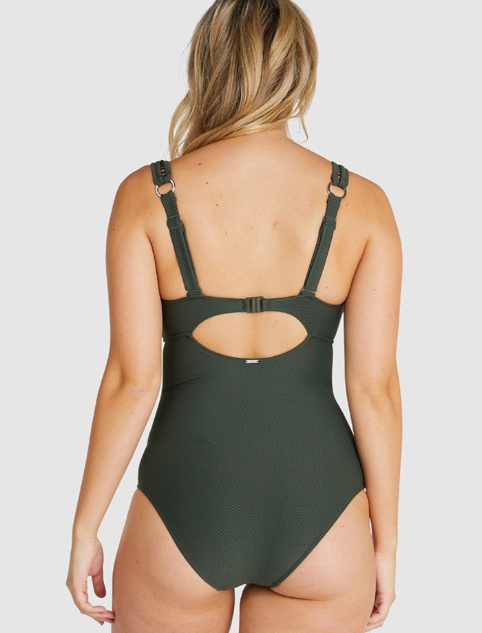 Back view of the Olive Rococco E–F Swimsuit by Baku, showing clip back and adjustable straps, part of The Foundation swimwear range.