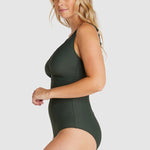 Side view of the Rococco E–F Olive One Piece by Baku, showing curve contouring and tummy control, stocked by The Foundation.