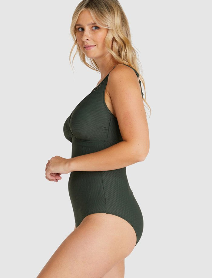 Side view of the Rococco E–F Olive One Piece by Baku, showing curve contouring and tummy control, stocked by The Foundation.