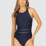 Front view of the Baku Rococco High Neck One Piece Swimsuit in Nightfall navy, with soft cups and ladder lace, available at The Foundation.
