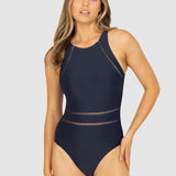 Front view of the Baku Rococco High Neck One Piece Swimsuit in Nightfall navy, with soft cups and ladder lace, available at The Foundation.