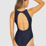 Back view of the Nightfall Rococco High Neck Swimsuit by Baku, with keyhole cut-out and secure clip fastening, available at The Foundation.