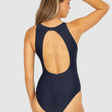 Back view of the Nightfall Rococco High Neck Swimsuit by Baku, with keyhole cut-out and secure clip fastening, available at The Foundation.