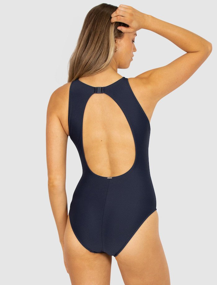 Back view of the Nightfall Rococco High Neck Swimsuit by Baku, with keyhole cut-out and secure clip fastening, available at The Foundation.