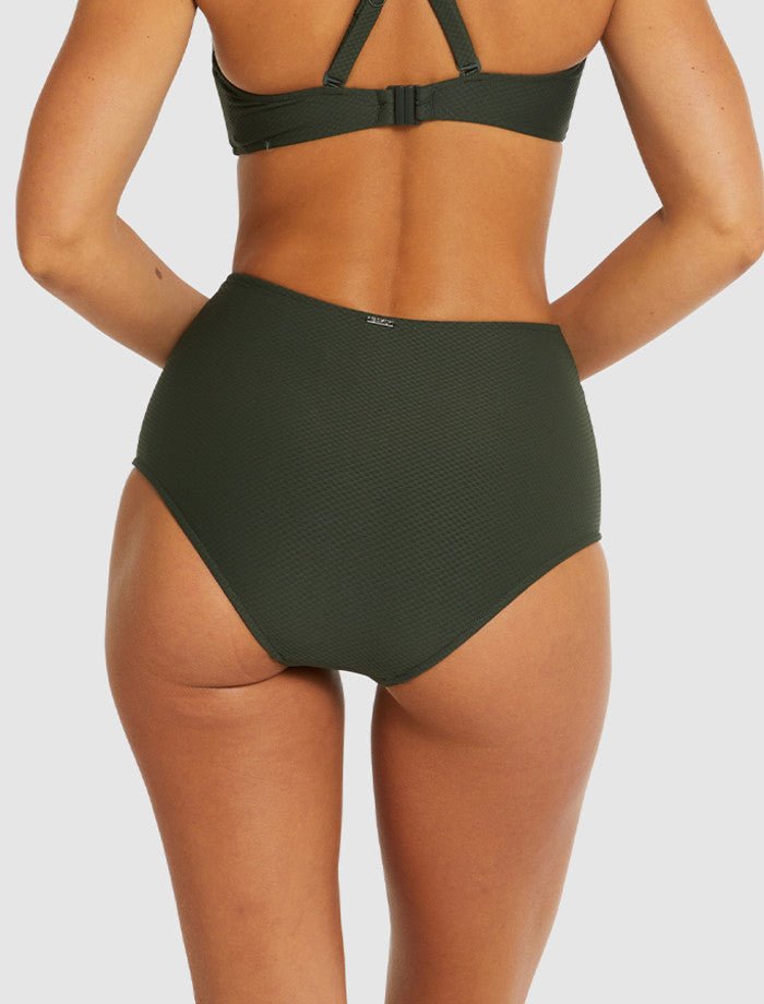 Back view of Baku Rococco High Waist Pant in Olive, showing full coverage and signature texture, stocked at The Foundation.