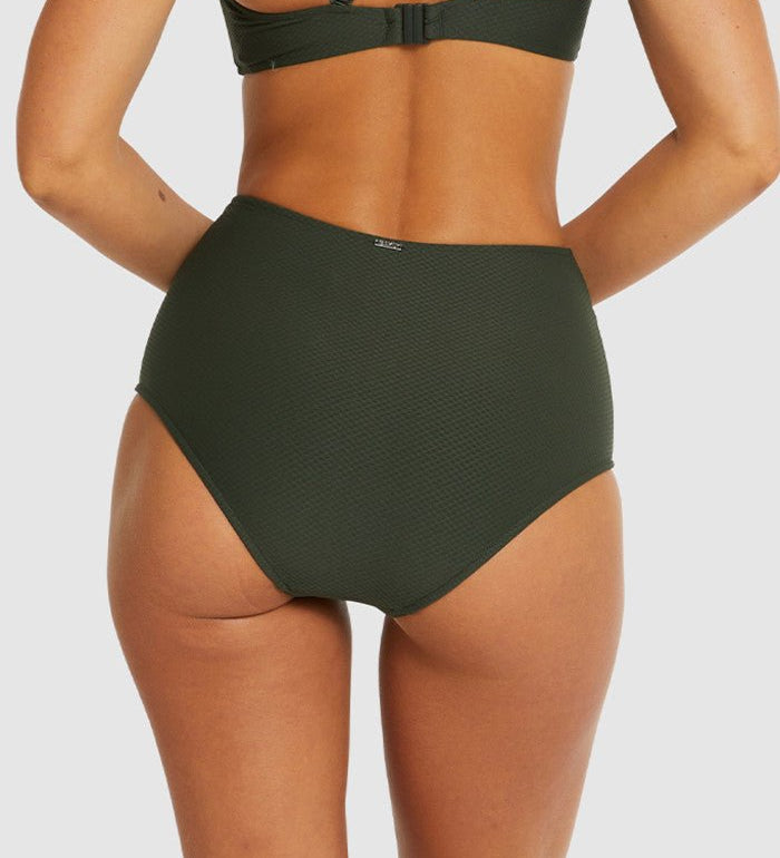 Back view of Baku Rococco High Waist Pant in Olive, showing full coverage and signature texture, stocked at The Foundation.