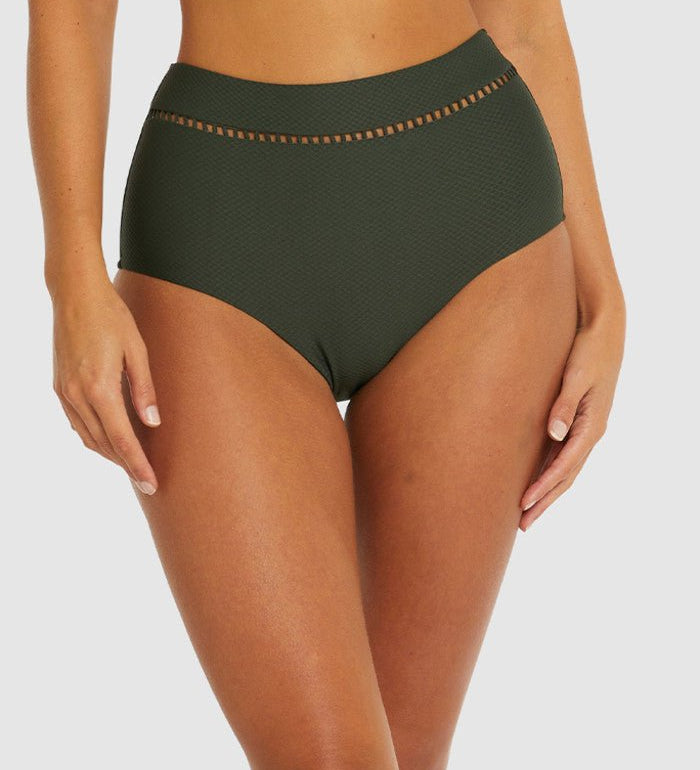 Front view of the Rococco Lace High Waist Bikini Pant in Olive by Baku, featuring tummy control and subtle ladder lace, available at The Foundation.