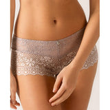 Close up of Empreinte Cassiopee Shorty Brief in Rose Sauvage—luxurious lace lingerie available at The Foundation.