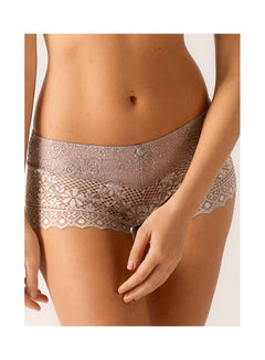 Close up of Empreinte Cassiopee Shorty Brief in Rose Sauvage—luxurious lace lingerie available at The Foundation.