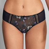 Close up of Empreinte Lauren Shorty Brief Night Magic on model featuring floral embroidery and decorative stitching.