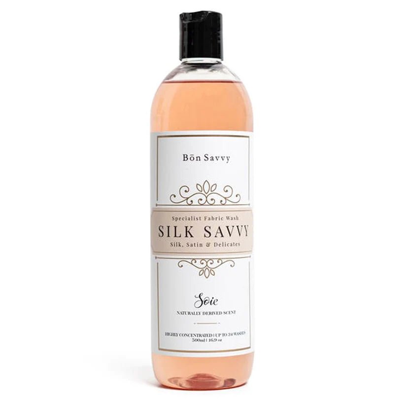 500ml bottle of Bon Savvy Silk Savvy Laundry Liquid with soft neutral label and black cap, designed for delicate fabrics.