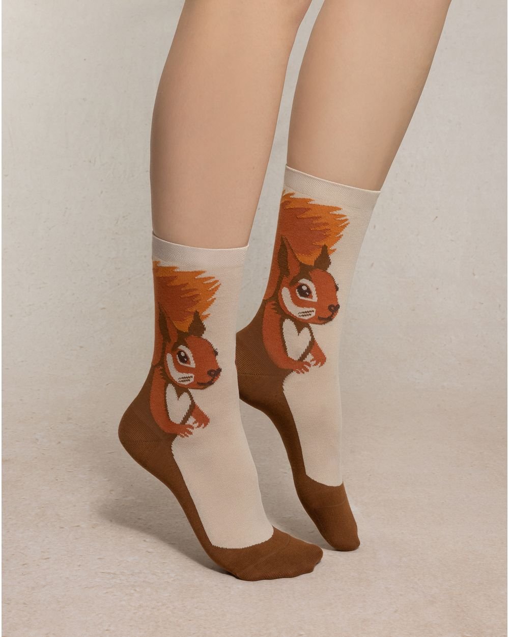 bleuforet squirrel pattern socks for women on beige colour with brown and orange