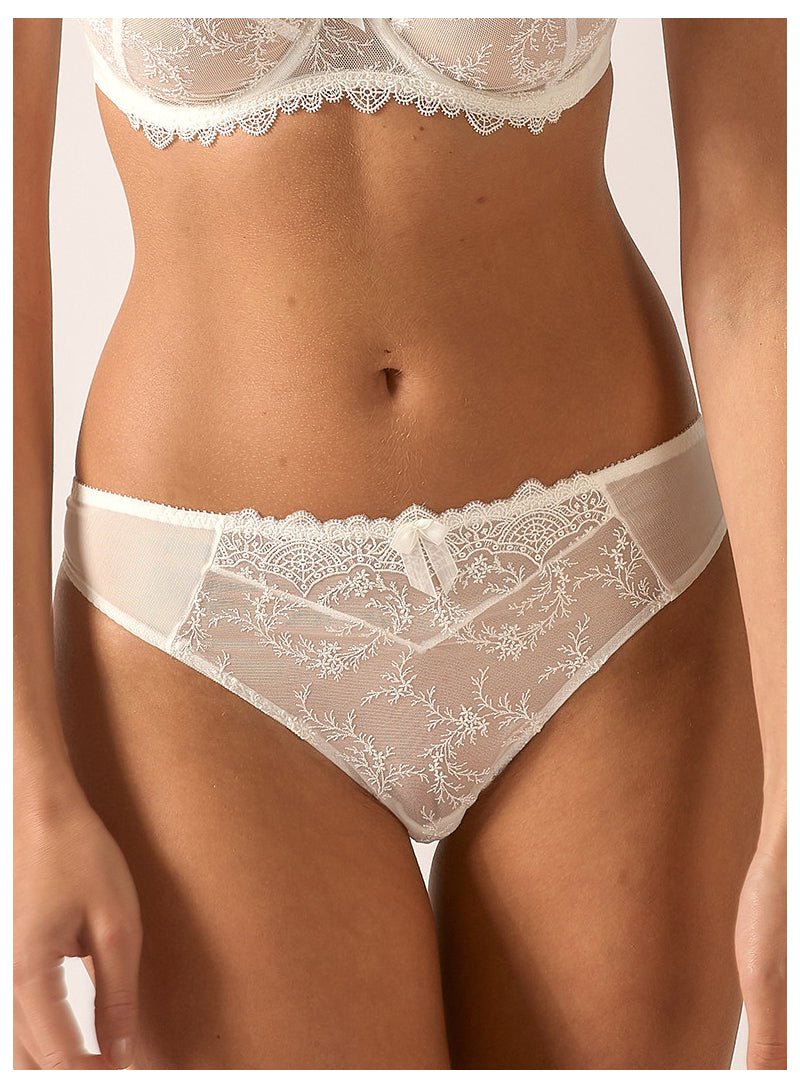 Empreinte Louise Thong in Natural Ivory, embroidered soft tulle mesh with elegant French design.