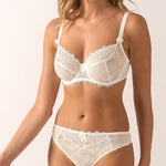 Front view of Empreinte Louise lingerie set in Natural Ivory, featuring matching embroidered thong and bra.