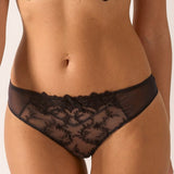Front view of Empreinte Louise Thong in Ombre Black with embroidered soft tulle mesh design.