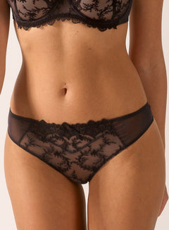 Front view of Empreinte Louise Thong in Ombre Black with embroidered soft tulle mesh design.