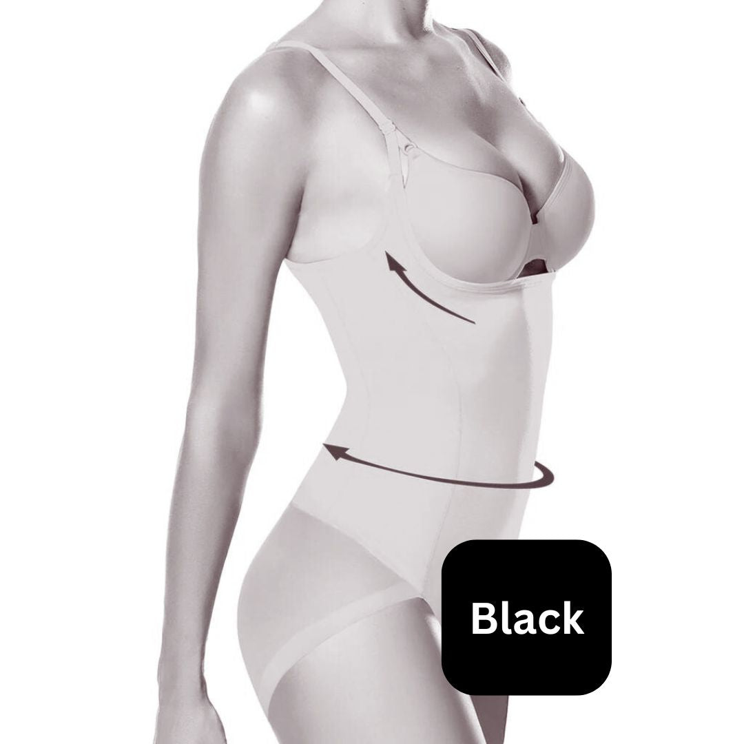Side view of black Janira shapewear highlighting targeted compression areas and seamless laser-cut finish.