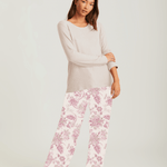 Papinelle Coco Feather Soft PJ Set in Pink and Ecru, featuring a long sleeve scoop neck top and relaxed wide-leg floral pants – available at The Foundation.