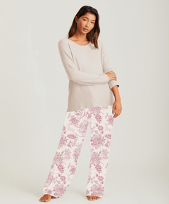 Papinelle Coco Feather Soft PJ Set in Pink and Ecru, featuring a long sleeve scoop neck top and relaxed wide-leg floral pants – available at The Foundation.