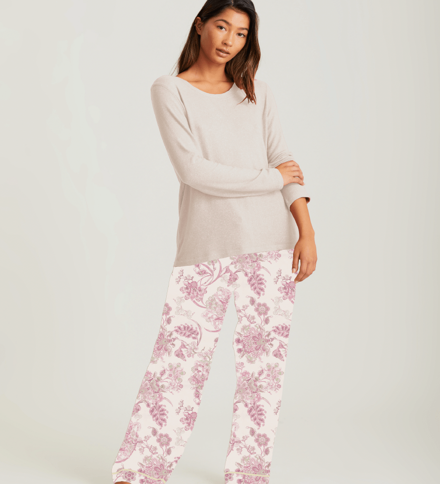 Papinelle Coco Feather Soft PJ Set in Pink and Ecru, featuring a long sleeve scoop neck top and relaxed wide-leg floral pants – available at The Foundation.