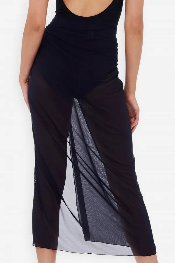Back view of Cosmopolitan Classic Mesh Sarong Ink by Jantzen, available at The Foundation, highlighting sheer mesh and soft drape.