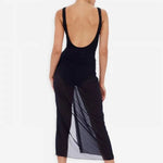 Full body image of model in Cosmopolitan Classic Mesh Sarong Ink from Jantzen, The Foundation, demonstrating lightweight, versatile beach cover up.