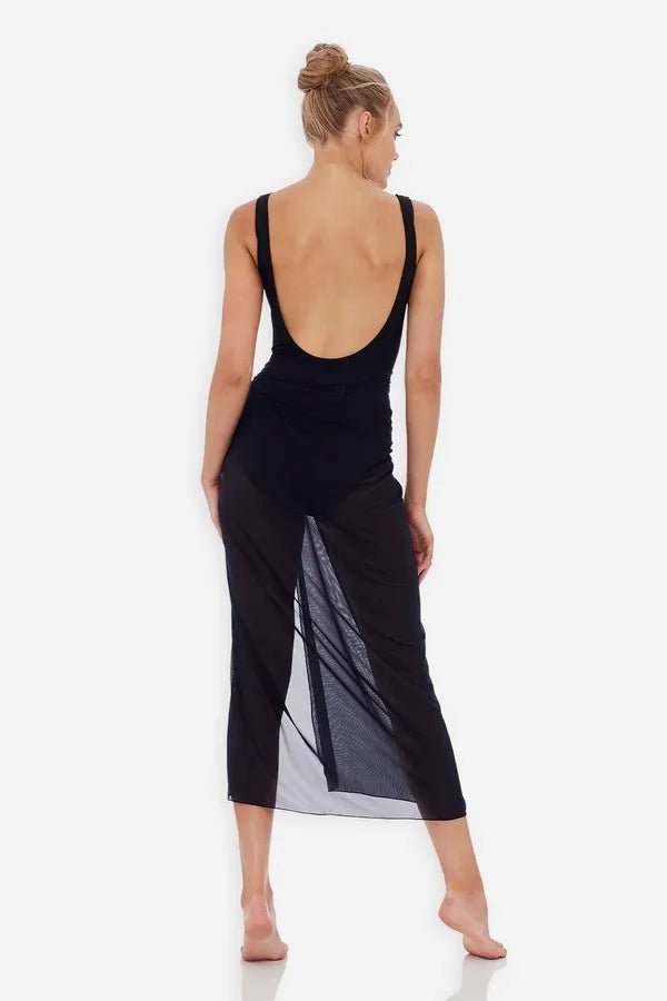 Full body image of model in Cosmopolitan Classic Mesh Sarong Ink from Jantzen, The Foundation, demonstrating lightweight, versatile beach cover up.