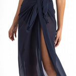 Close-up of Cosmopolitan Classic Mesh Sarong Ink tied at the waist, Jantzen at The Foundation, showing shaped tie ends and mesh fabric.