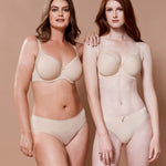 Two models in Virginia Spacer Bra in Skin tone from The Foundation, featuring smooth cups, breathable spacer fabric, and a supportive fit.