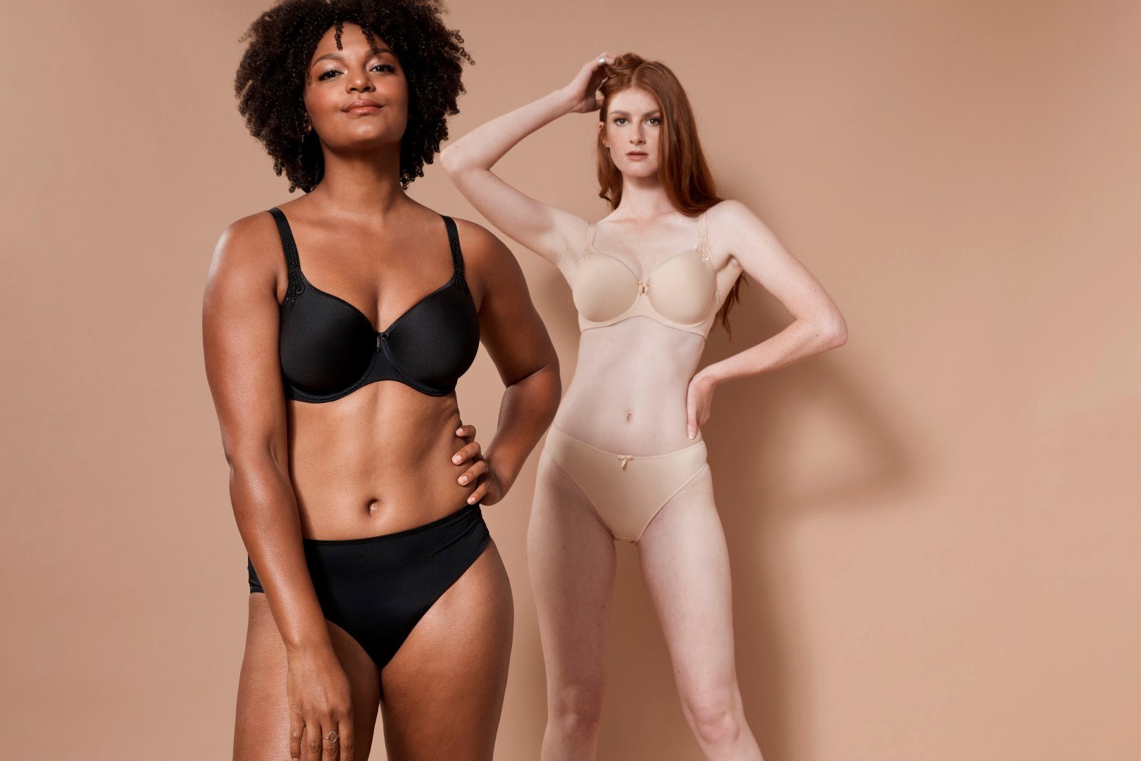 Two models in Virginia Spacer Bra in Skin tone from The Foundation, featuring smooth cups, breathable spacer fabric, and a supportive fit.