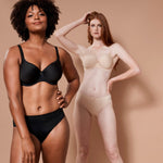 Two models in Virginia Spacer Bra in Skin tone from The Foundation, featuring smooth cups, breathable spacer fabric, and a supportive fit.