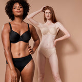 Two models in Virginia Spacer Bra in Skin tone from The Foundation, featuring smooth cups, breathable spacer fabric, and a supportive fit.