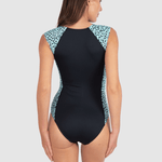 Back view of the Wildside Cap Sleeve Surf Suit Sage by Baku, highlighting zipper detail and quality finish, available from The Foundation.