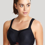 Close-up of Panache Sports Bra in Black moulded cups and wide straps for all-day support.