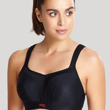 Close-up of Panache Sports Bra in Black moulded cups and wide straps for all-day support.