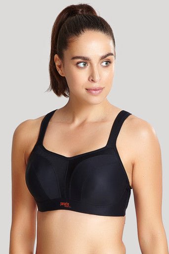 Close-up of Panache Sports Bra in Black moulded cups and wide straps for all-day support.