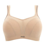 Flat lay of Panache Sports Bra in Latte from The Foundation, showcasing smooth, moulded cup design.
