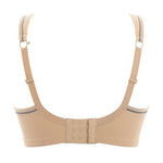 Back view flat lay of Panache Sports Bra in Latte from The Foundation, showing racerback and hook fastening.