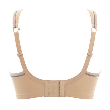 Back view flat lay of Panache Sports Bra in Latte from The Foundation, showing racerback and hook fastening.