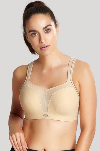 front view of The Foundation’s Panache Sports Bra in Latte shown front-on, highlighting seamless cups and comfortable support.