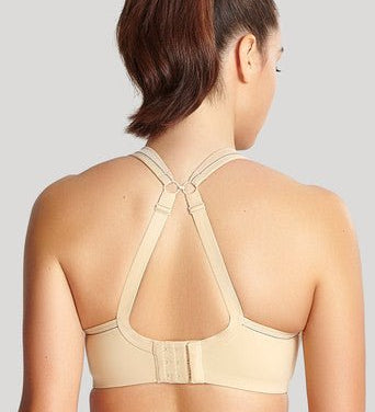 back view of Panache Sports Bra in Latte from The Foundation, featuring racerback ring detail and wide cushioned straps.