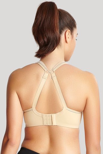 back view of Panache Sports Bra in Latte from The Foundation, featuring racerback ring detail and wide cushioned straps.