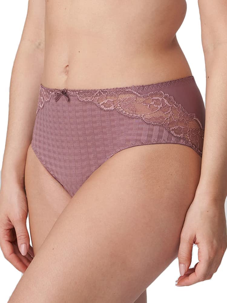 Model in PrimaDonna Madison Full Brief Lace Back in Satin Taupe from The Foundation, featuring gingham front and delicate lace back wrap.