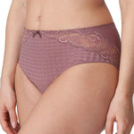 Model in PrimaDonna Madison Full Brief Lace Back in Satin Taupe from The Foundation, featuring gingham front and delicate lace back wrap.