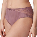 Model in PrimaDonna Madison Full Brief Lace Back in Satin Taupe from The Foundation, featuring gingham front and delicate lace back wrap.