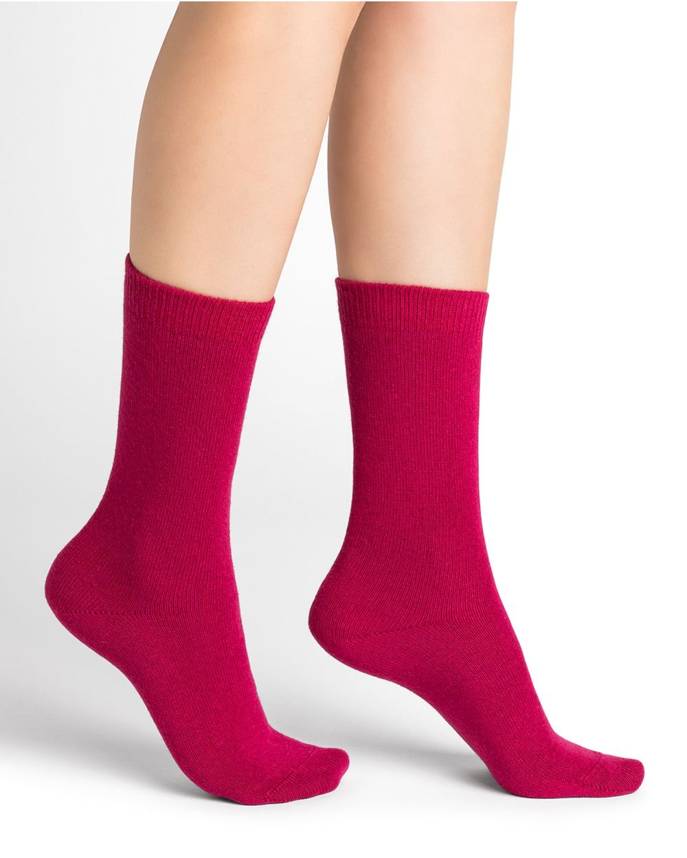 Model wearing Wool Cashmere Socks Mid Fuschia Pink by Bleuforêt, available at The Foundation, featuring soft, warm, and colourful socks for women.