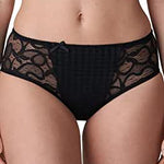 Close up of PrimaDonna Madison Full Brief Original in Black, worn by model, featuring gingham check fabric with lace panels at the hips.