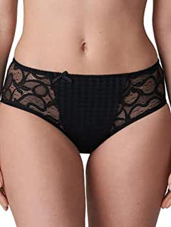 Close up of PrimaDonna Madison Full Brief Original in Black, worn by model, featuring gingham check fabric with lace panels at the hips.
